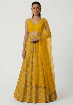 Mustard Embroidered Crepe Lehenga Set