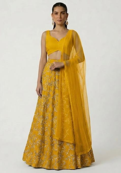 Mustard Embroidered Crepe Lehenga Set