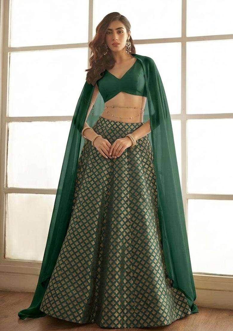 Emerald Green Brocade Lehenga Set for Diwali | Wedding & Festive Wear - Indya