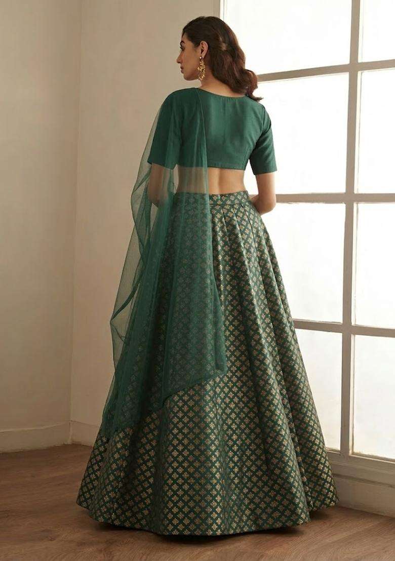 Emerald Green Brocade Lehenga Set for Diwali | Wedding & Festive Wear - Indya