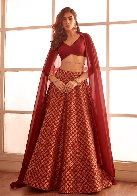 Maroon Brocade Lehenga Set