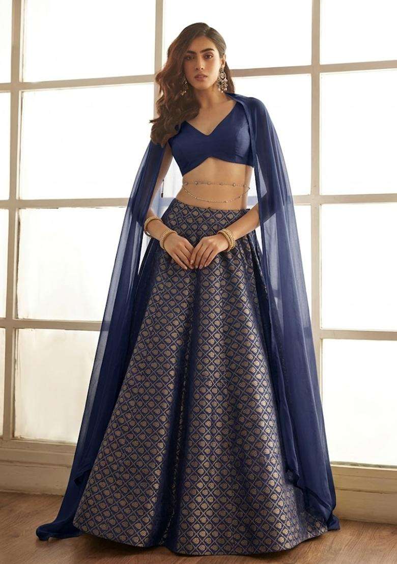 Navy Blue Brocade Lehenga Set for Diwali and Festive Wear - Indya