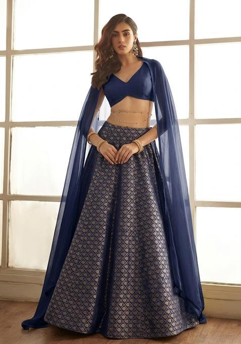 Navy Blue Brocade Lehenga Set