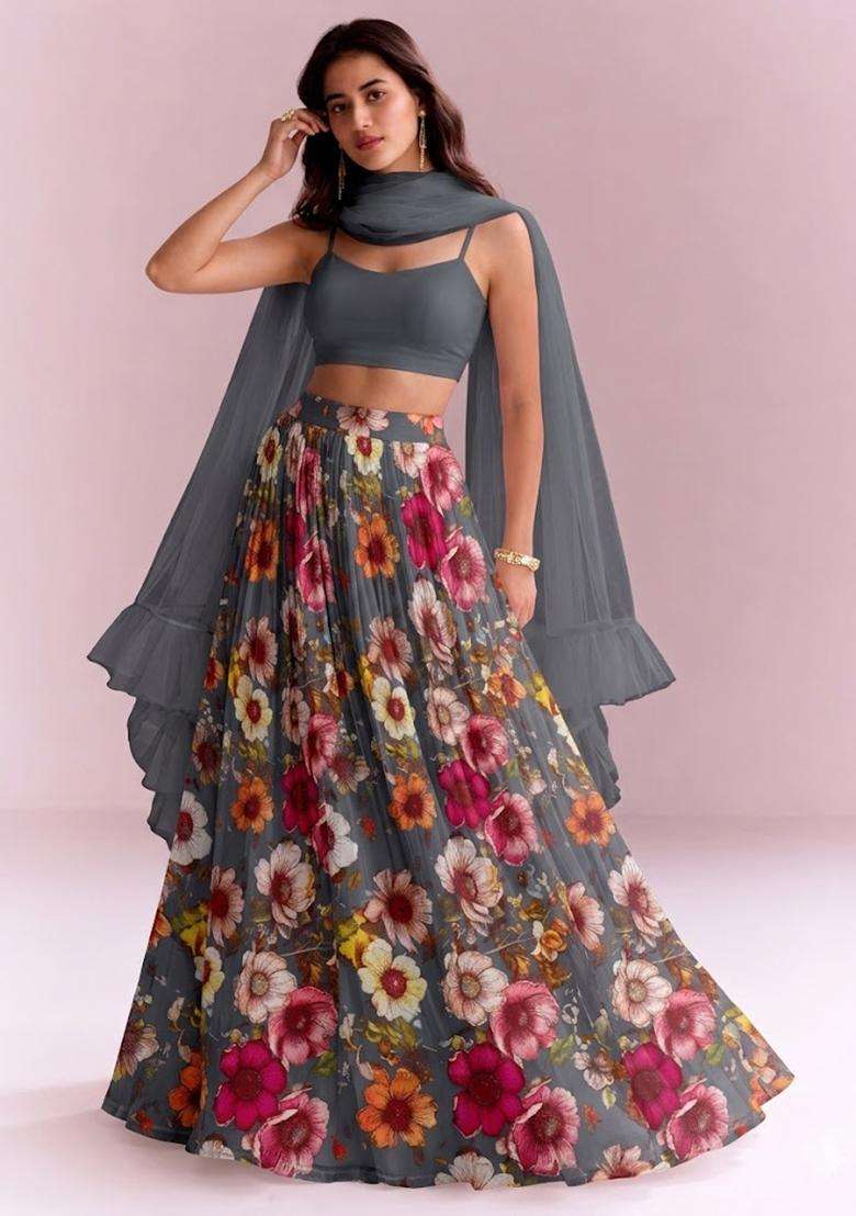 Grey Floral Print Crepe Lehenga Set - Indya