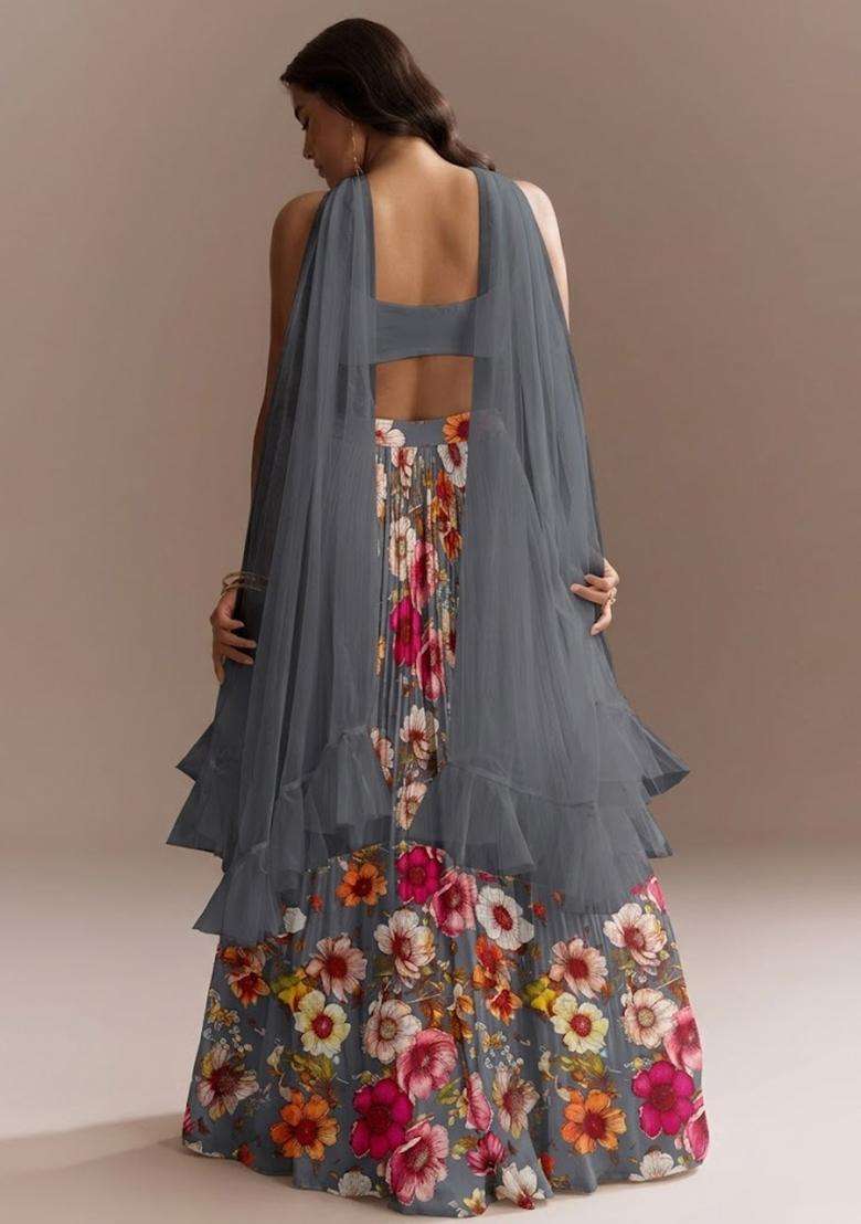 Grey Floral Print Crepe Lehenga Set - Indya