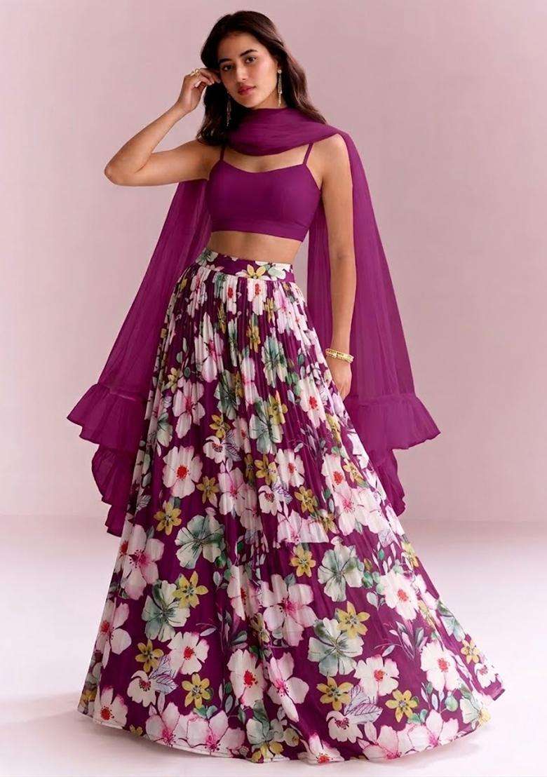 Purple Floral Print Crepe Lehenga Set - Indya