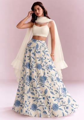 Off White Floral Print Crepe Lehenga Set