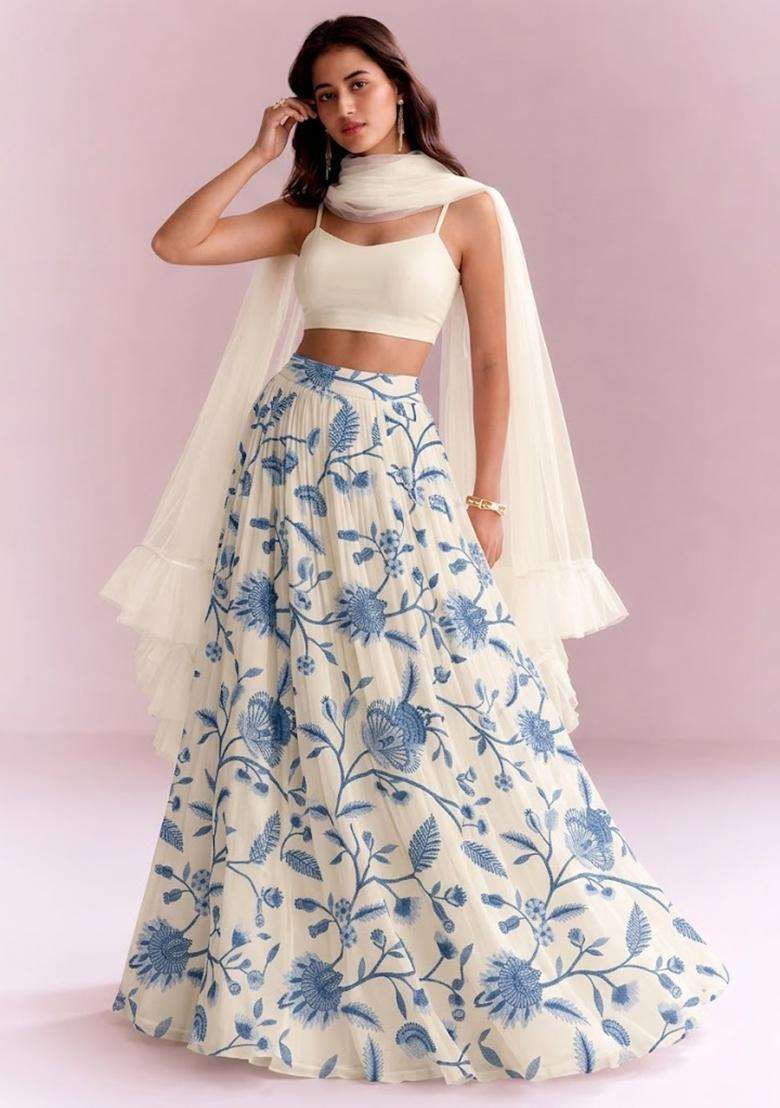 Off White Floral Print Crepe Lehenga Set - Indya