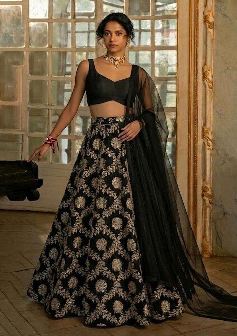 Black Chanderi Lehenga Set for Diwali and Festive Wear - Indya