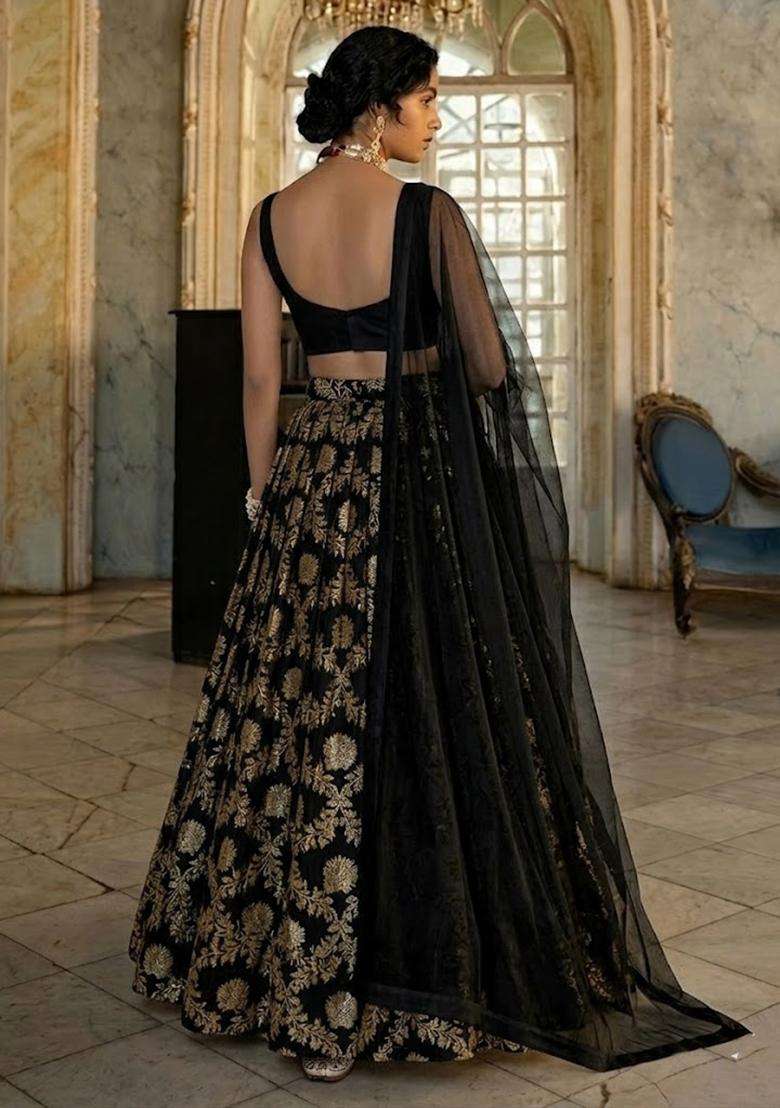 Black Chanderi Lehenga Set for Diwali and Festive Wear - Indya