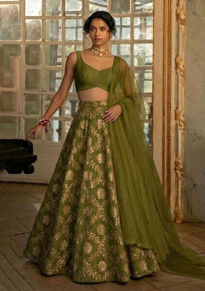 Olive Chanderi Lehenga Set for Diwali and Festive Wear - Indya