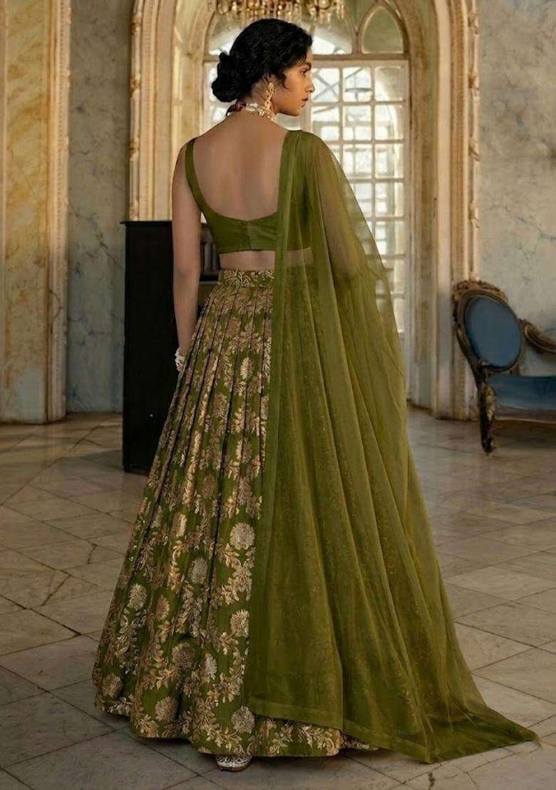 Olive Chanderi Lehenga Set for Diwali and Festive Wear - Indya