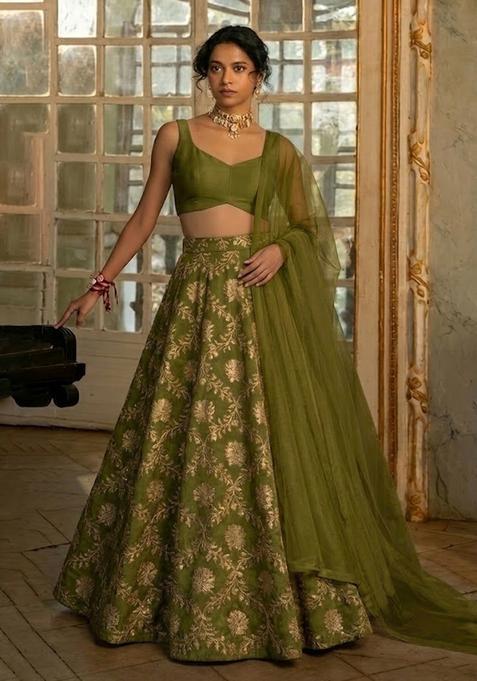 Olive Chanderi Lehenga Set