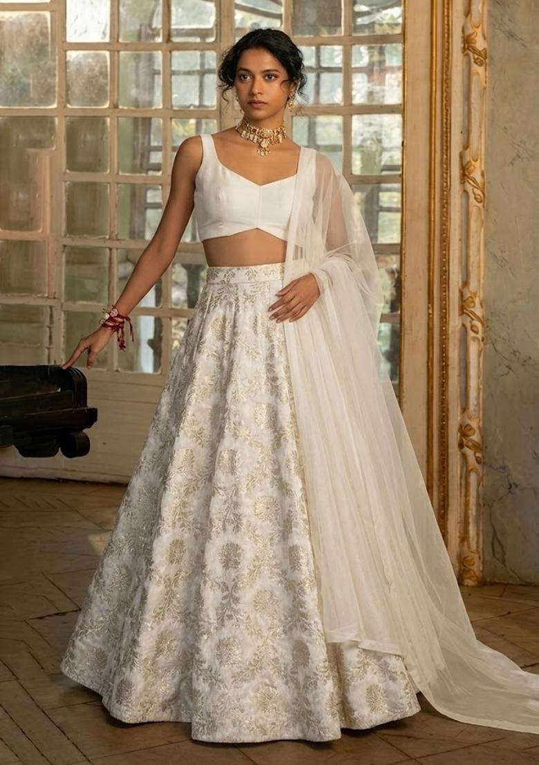 White Chanderi Lehenga Set for Diwali | Wedding & Festive Wear - Indya