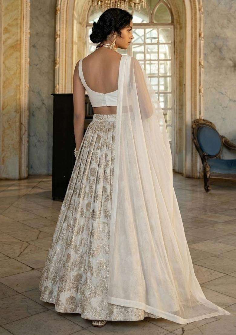 White Chanderi Lehenga Set for Diwali | Wedding & Festive Wear - Indya