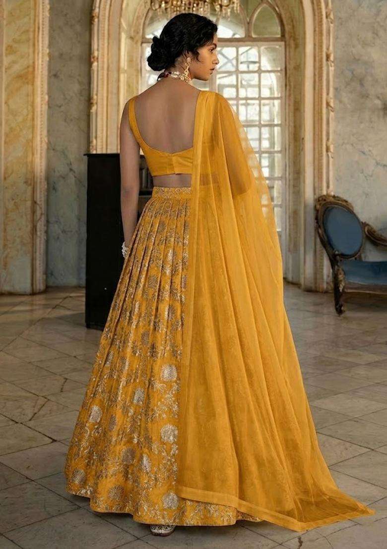 Yellow Chanderi Lehenga Set for Diwali and Festive Wear - Indya