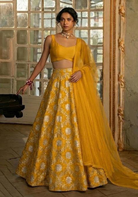 Yellow Chanderi Lehenga Set