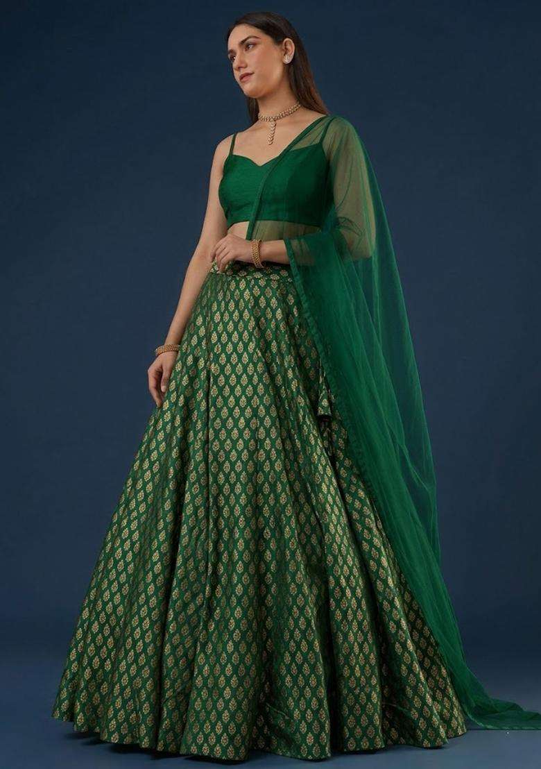 Emerald Green Brocade Lehenga Set - Indya