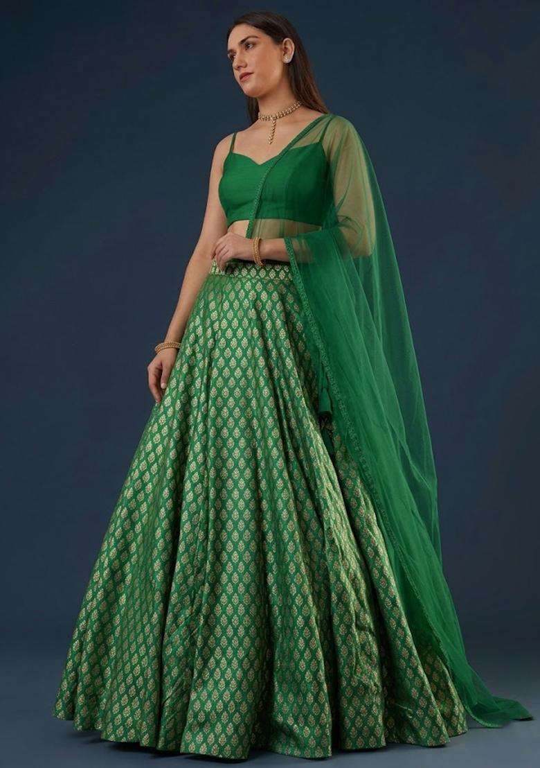 Emerald Green Brocade Lehenga Set for Diwali and Festive Wear - Indya