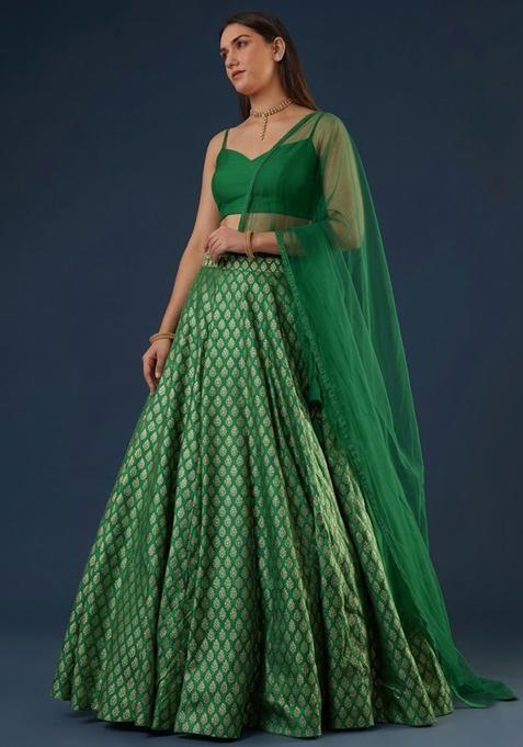 Emerald Green Brocade Lehenga Set — view on Indya