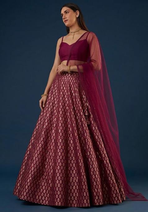 Wine Brocade Lehenga Set — view on Indya
