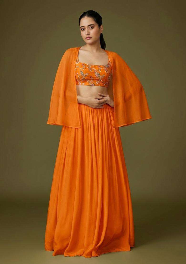 Bright Orange Embroidered Crepe Lehenga Set - Indya