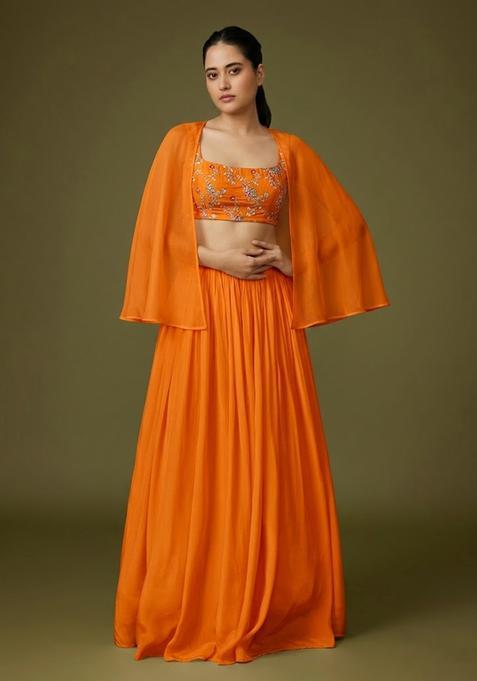 Bright Orange Embroidered Crepe Lehenga Set