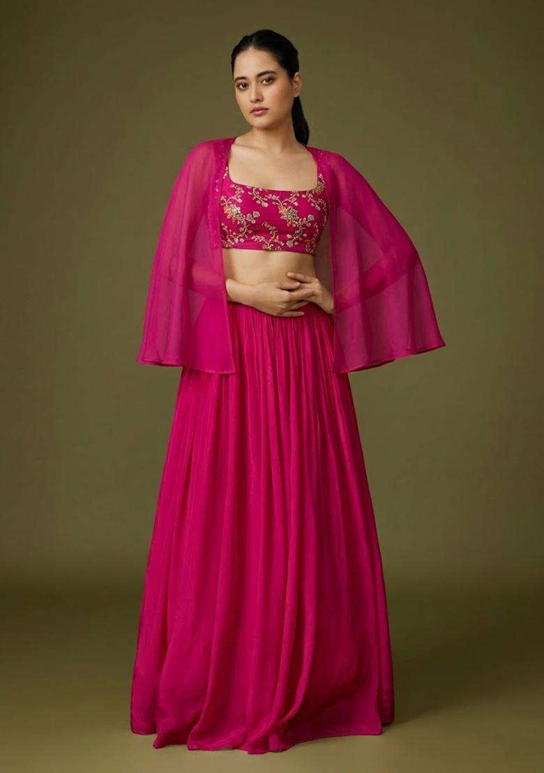 Rani Pink Embroidered Crepe Lehenga Set - Indya