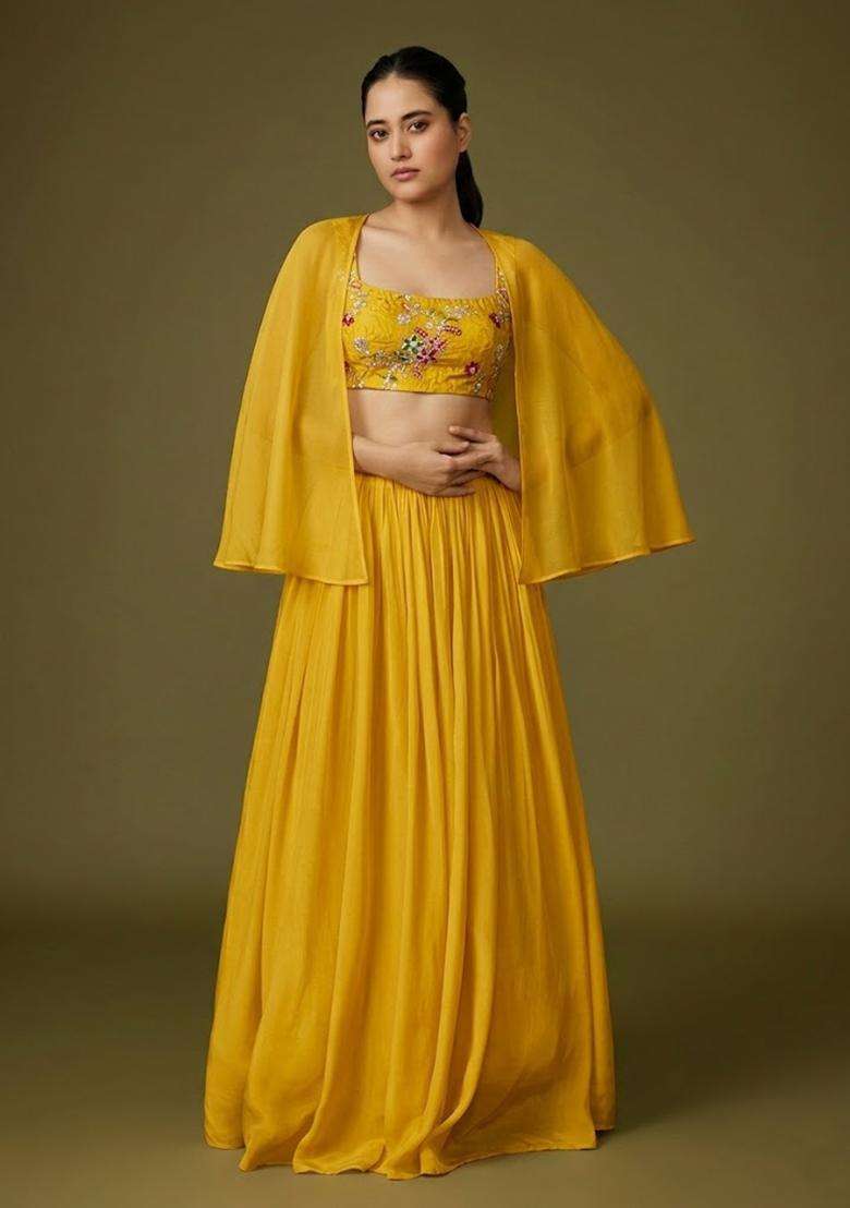 Yellow Embroidered Crepe Lehenga Set - Indya