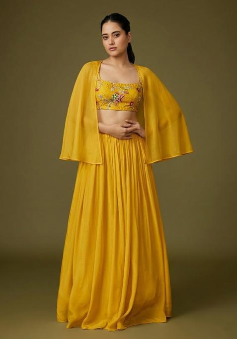 Yellow Embroidered Crepe Lehenga Set