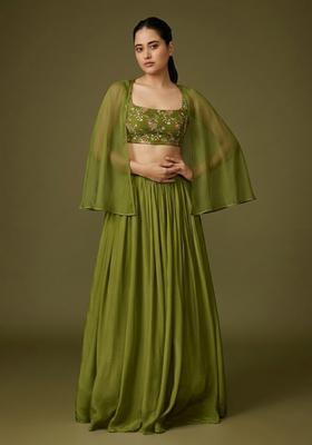 Olive Green Embroidered Crepe Lehenga Set