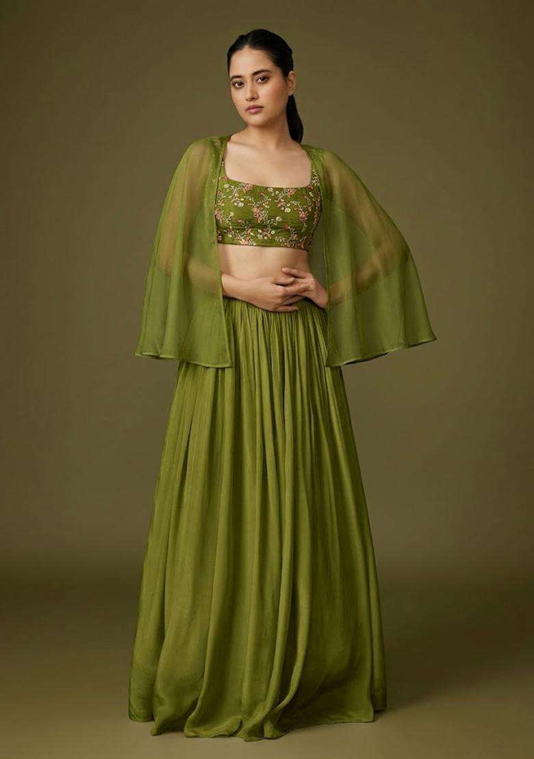 Olive Green Embroidered Crepe Lehenga Set - Indya