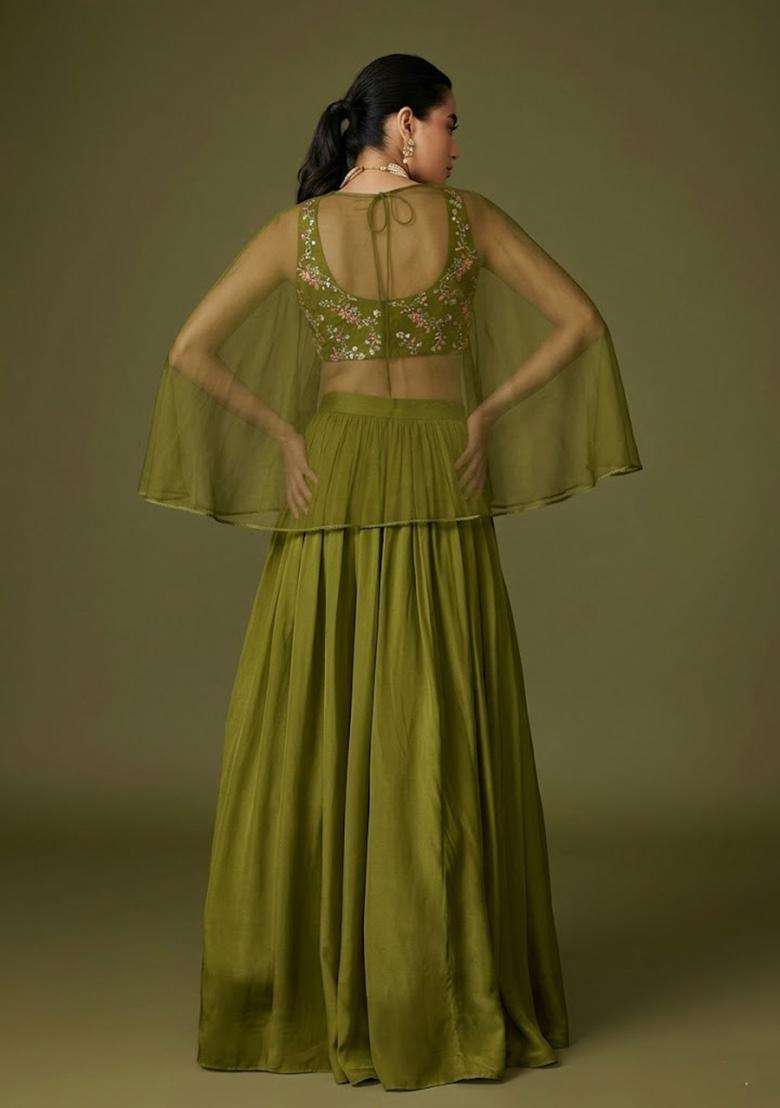 Olive Green Embroidered Crepe Lehenga Set - Indya