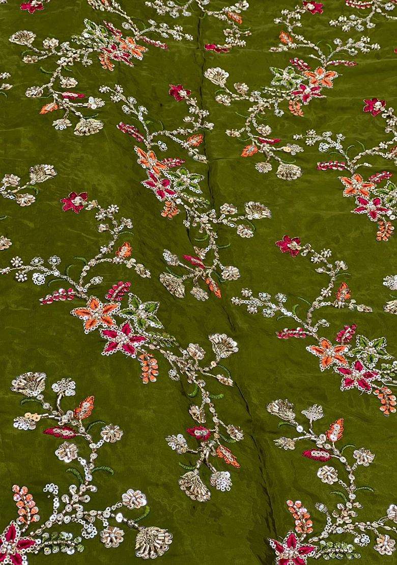 Olive Green Embroidered Crepe Lehenga Set - Indya
