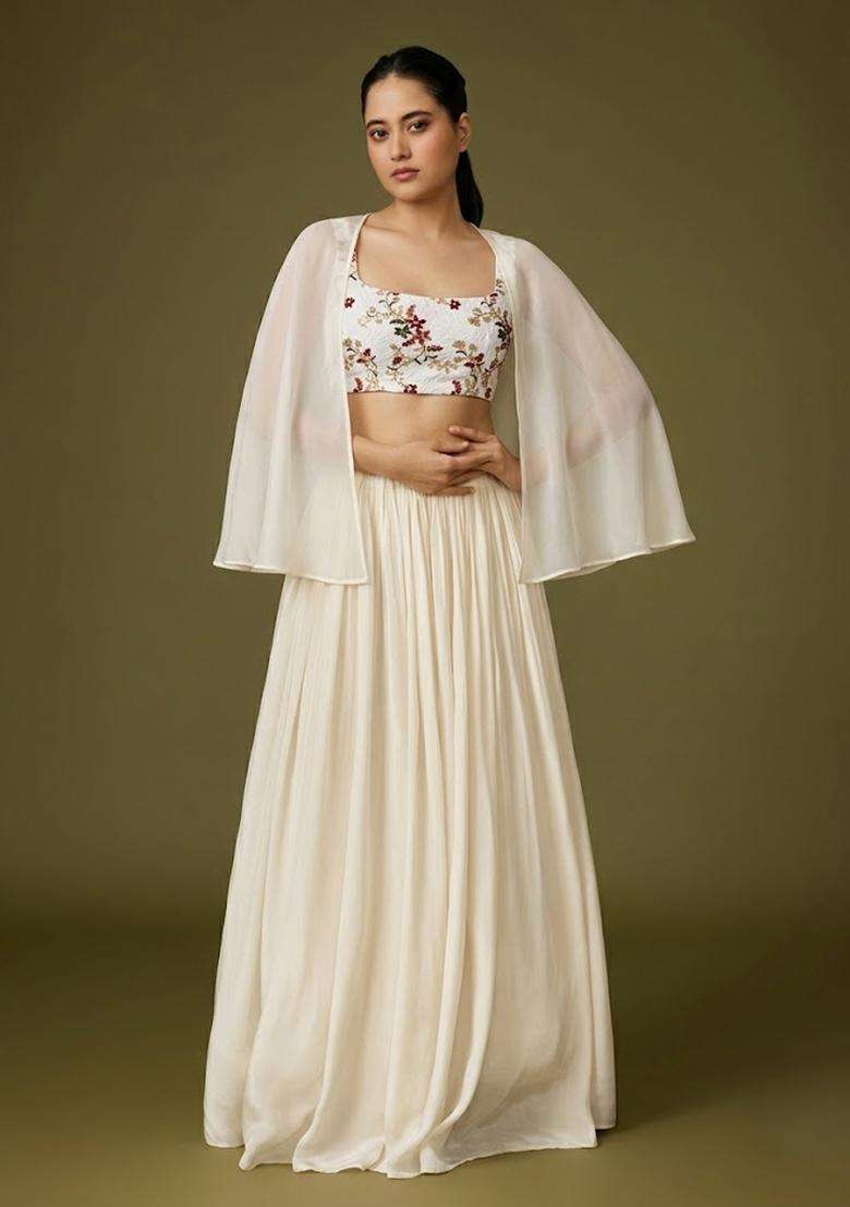 Off White Embroidered Crepe Lehenga Set - Indya