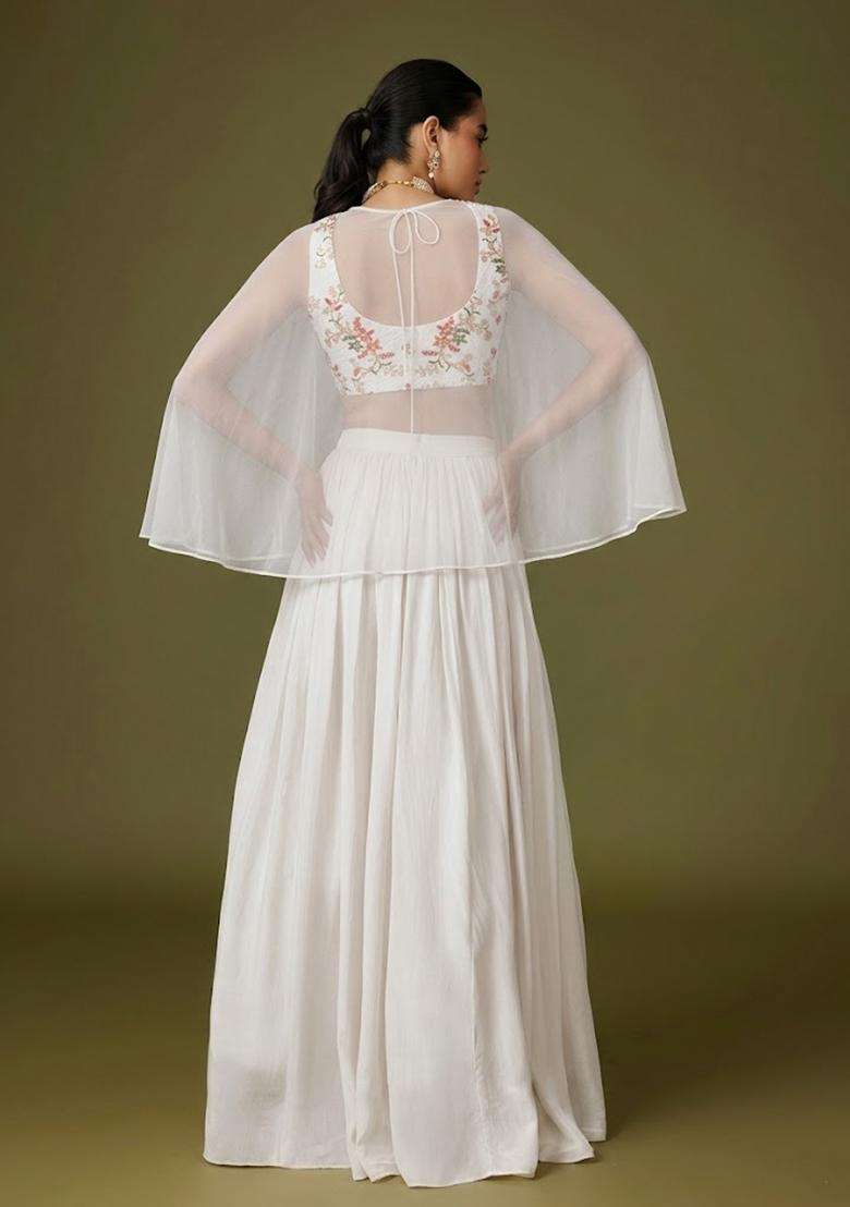 Off White Embroidered Crepe Lehenga Set - Indya