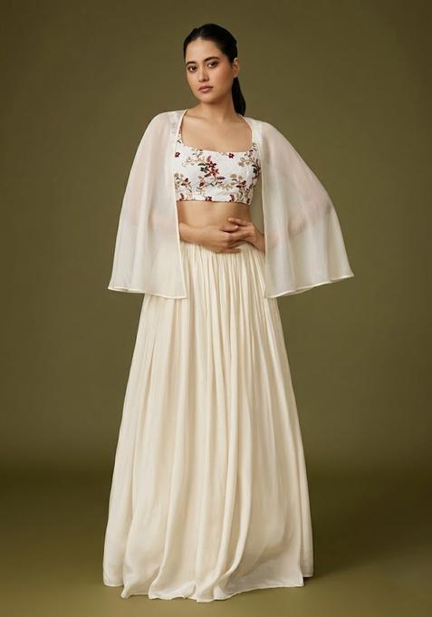 Off White Embroidered Crepe Lehenga Set