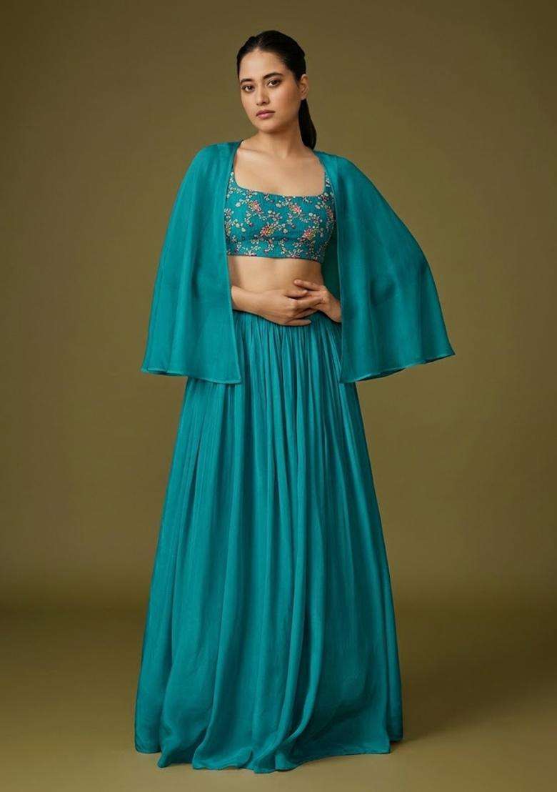 Teal Blue Embroidered Crepe Lehenga Set - Indya