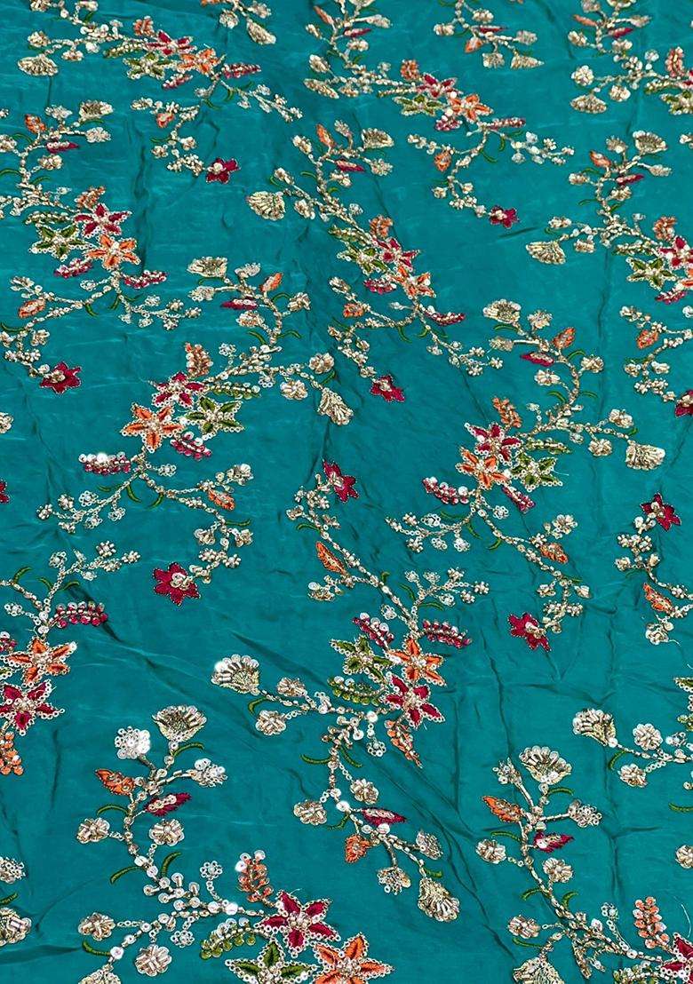 Teal Blue Embroidered Crepe Lehenga Set - Indya