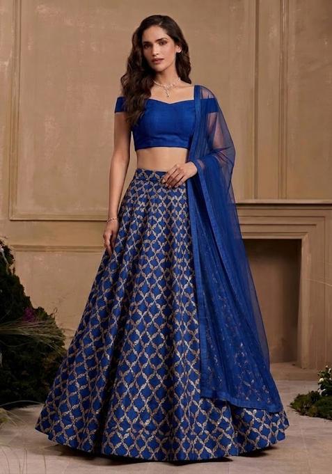 Blue Chanderi Lehenga Set
