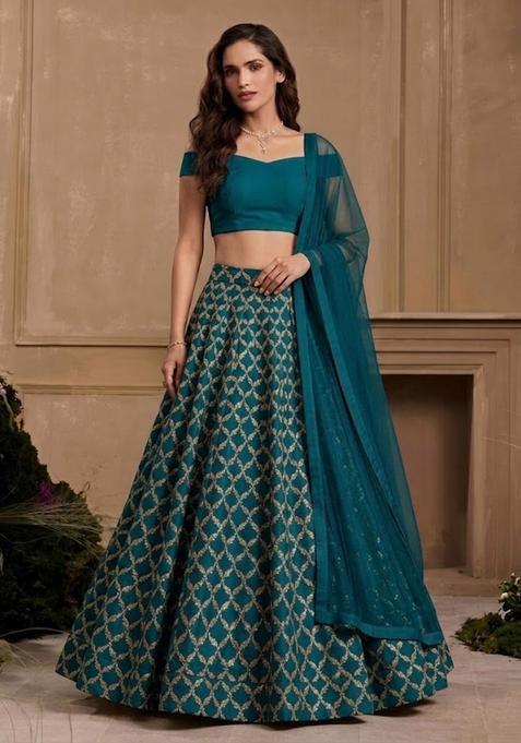 Teal Chanderi Lehenga Set — view on Indya