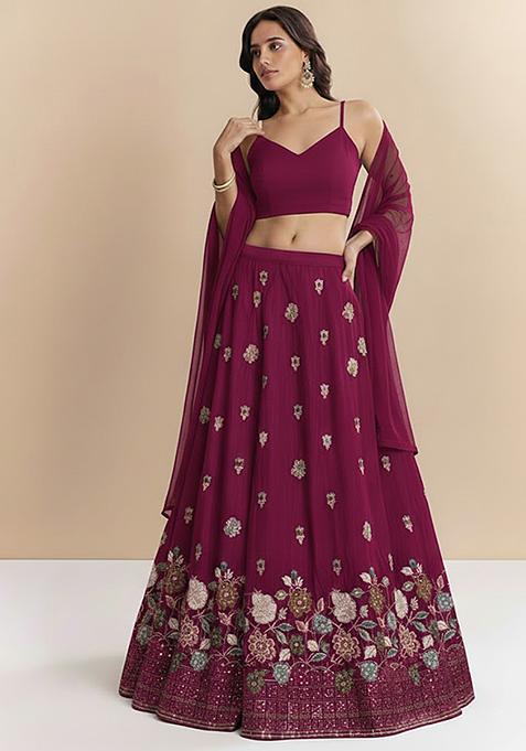 Magenta Embroidered Tissue Lehenga Set