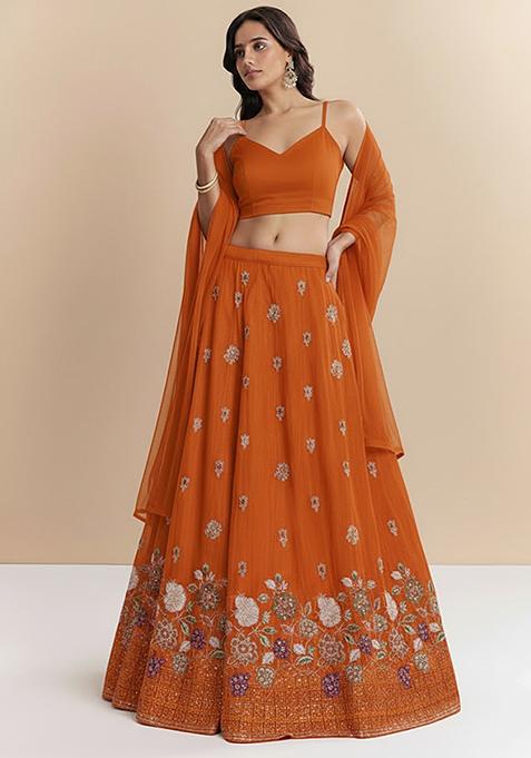 Orange Embroidered Tissue Lehenga Set
