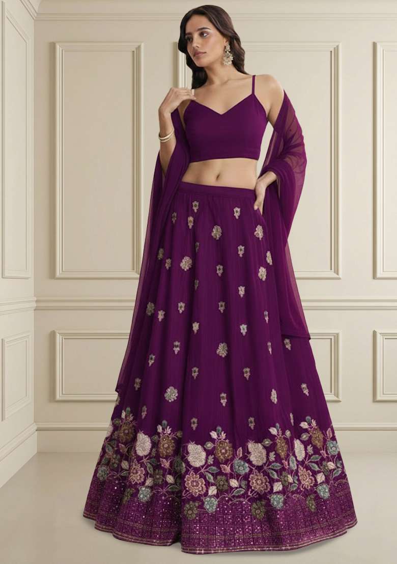 Purple Embroidered Tissue Lehenga Set - Indya