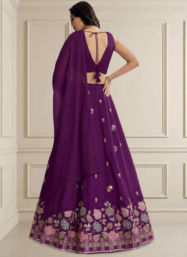 Purple Embroidered Tissue Lehenga Set - Indya