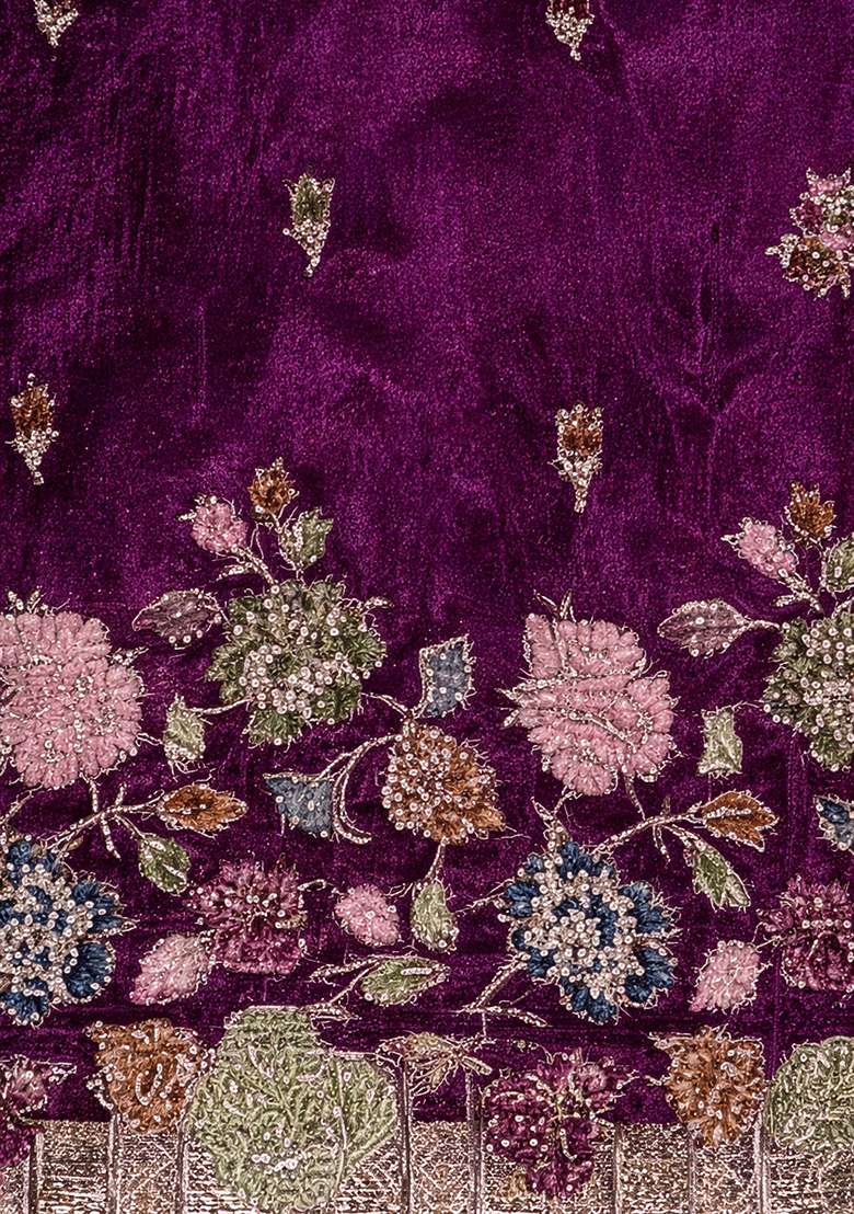Purple Embroidered Tissue Lehenga Set - Indya