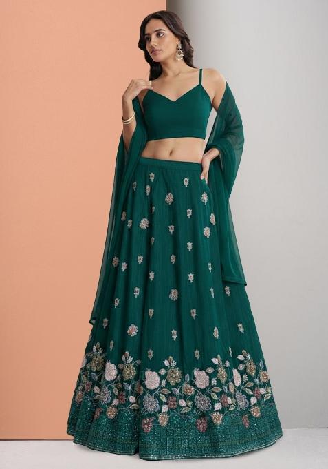 Teal Embroidered Tissue Lehenga Set