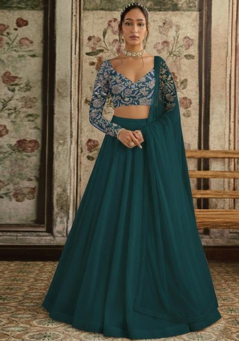 Teal Green Embroidered Crepe Lehenga Set — view on Indya