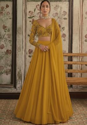 Mustard Embroidered Crepe Lehenga Set
