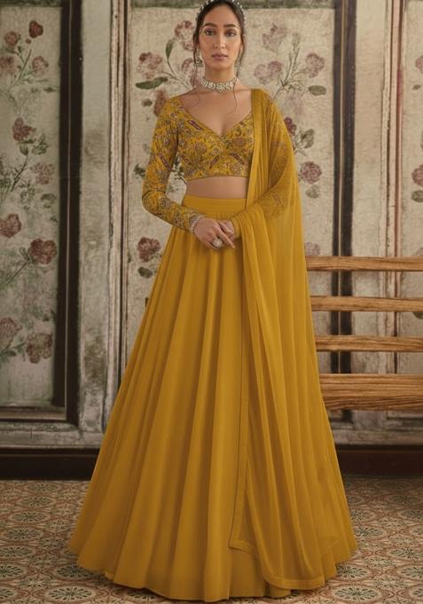 Mustard Embroidered Crepe Lehenga Set